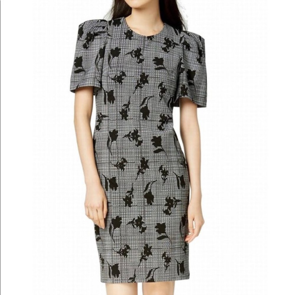 Calvin Klein Sheath Dress Women's Size 10 Puff Sleeve Houndstooth Floral Print.